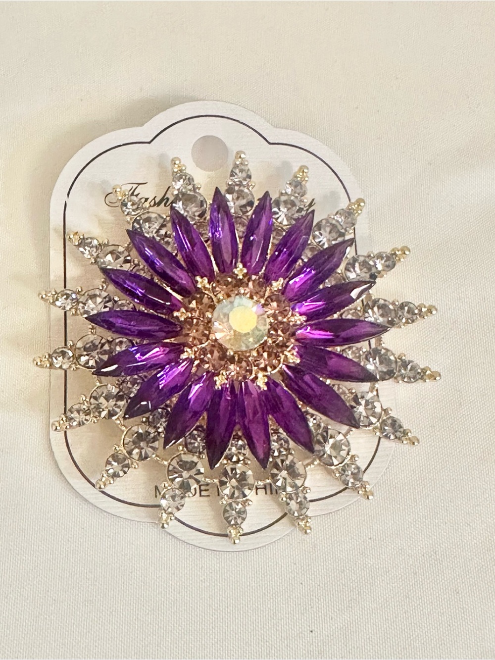 Purple and Gold Acrylic & Crystal Flower Brooch